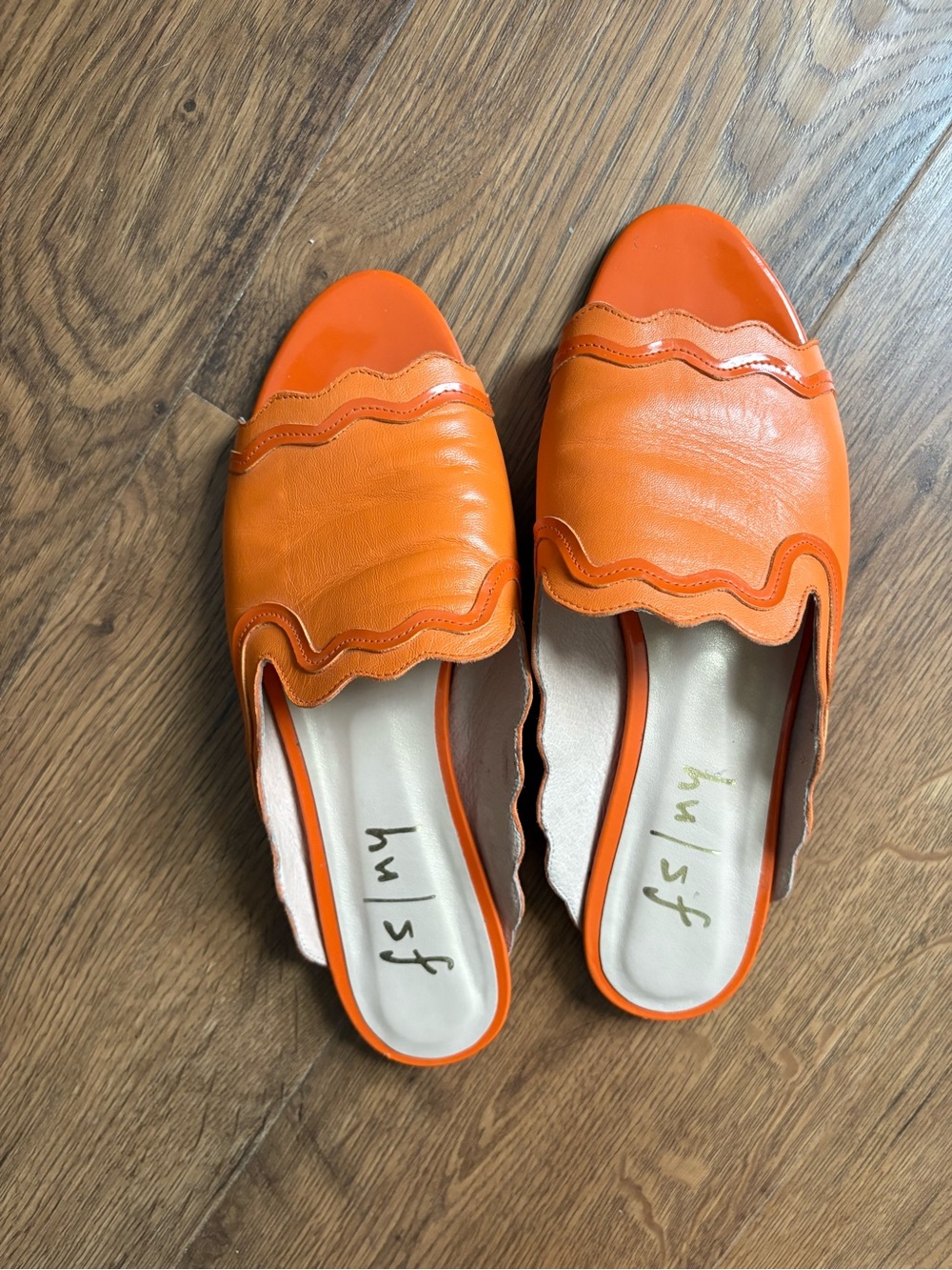 French Sole Orange Scalloped Leather Slip-On Mules